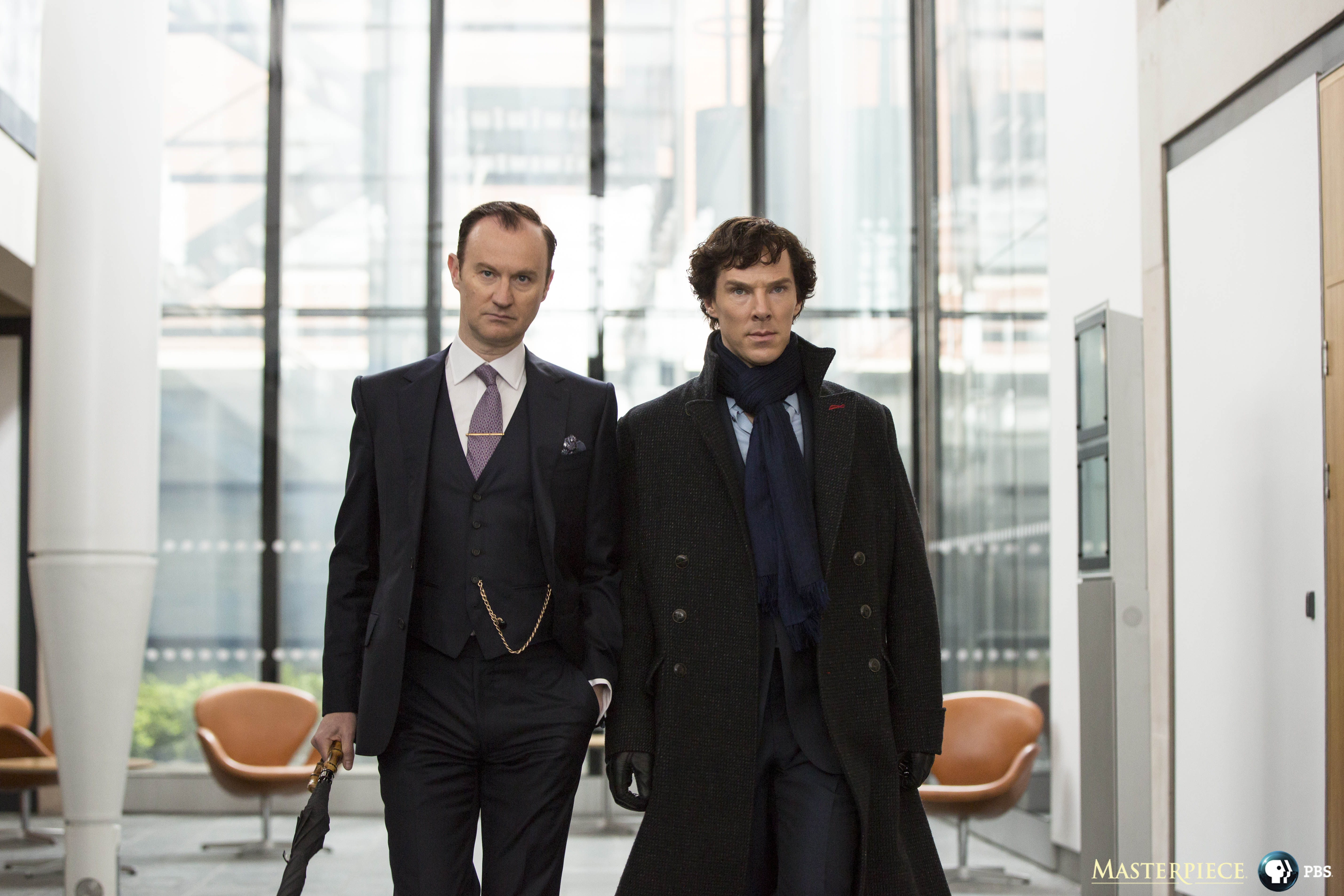 Sherlock, Season 4 premieres January 1, 2017 on MASTERPIECE on PBS. Picture shows: Mycroft Holmes (MARK GATISS) and Sherlock Holmes (BENEDICT CUMBERBATCH)